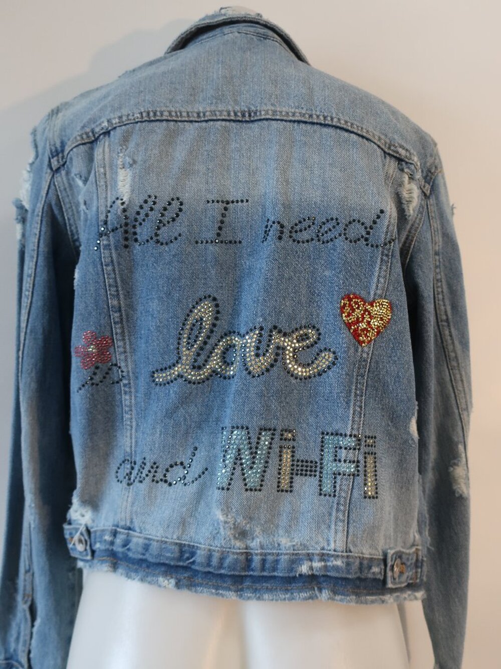 NWT Women HipChik Blue (Item-118) Distressed Graphic All I Need Denim Jacket OS
